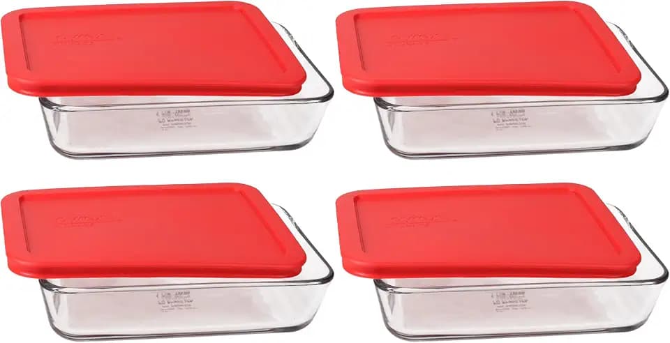 Pyrex 7210 3-Cup Glass Dishes & 7210-PC Red Lids (4-Pack) - Made in USA