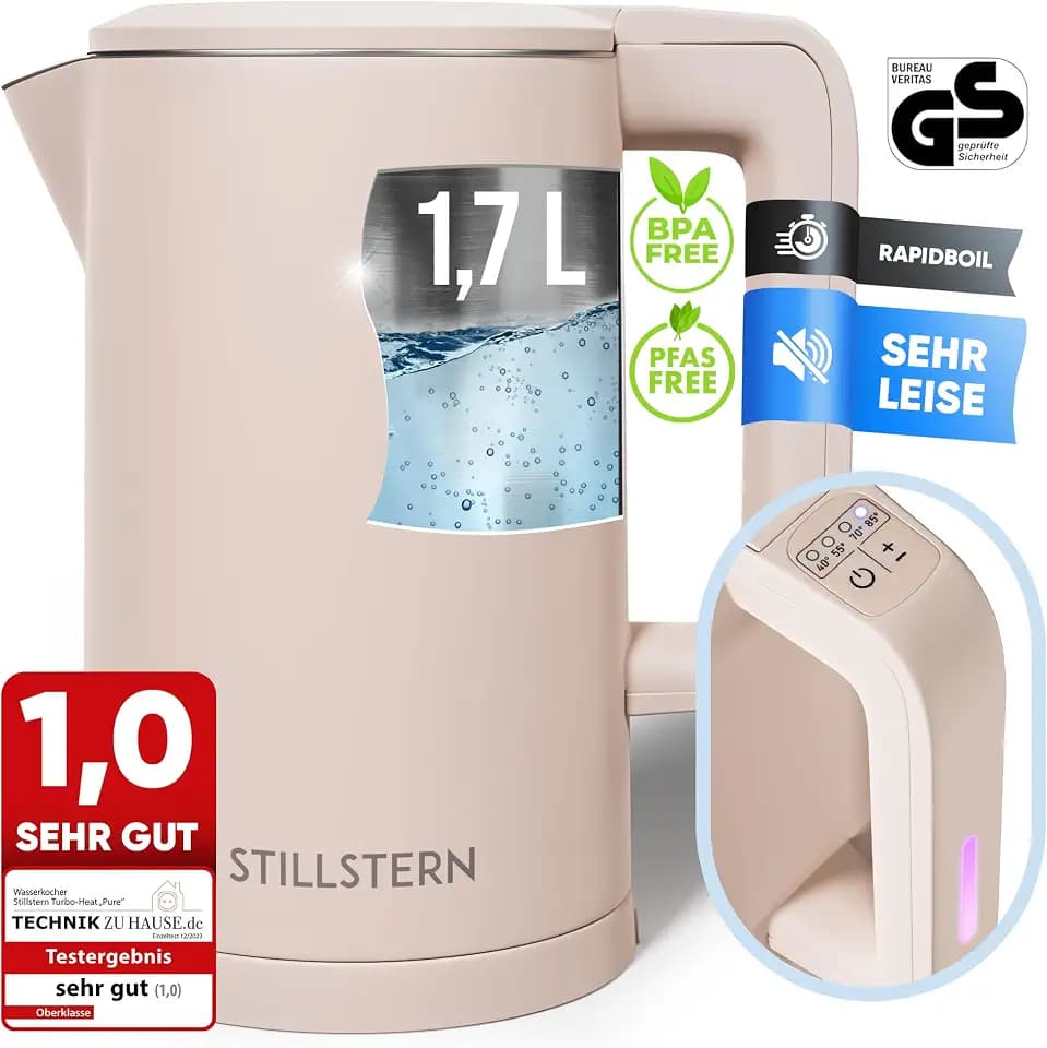 Stillstern Wasserkocher mit Temperatureinstellung [PFAS&PTFE FREI, 1,7L, 2200W, 40-55-70-85-100°C, Edelstahl-Filter], 12h Warmhalten, Wasserkocher mit Präzisionsausguss, Schnelles Aufheizen, Teekocher