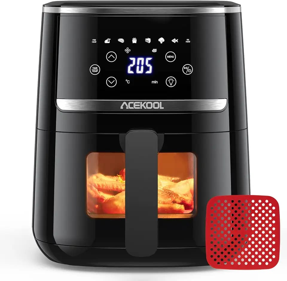 Hot Air Fryer 4.5 L 1500 W with Viewing Window for Kitchen, Low Noise, Memory Function, 8 Preset Menus, Equipped with Food Grade Silicone Baking Mat