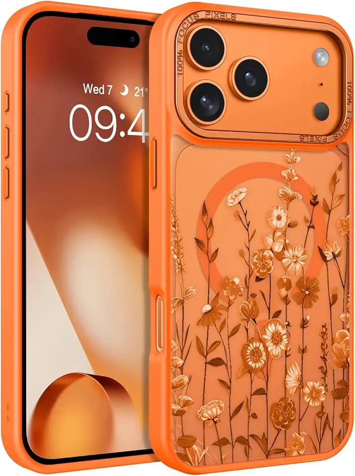 DOMAVER for iPhone 17 Pro Case 6.3", Magnetic Flowers Design - Orange