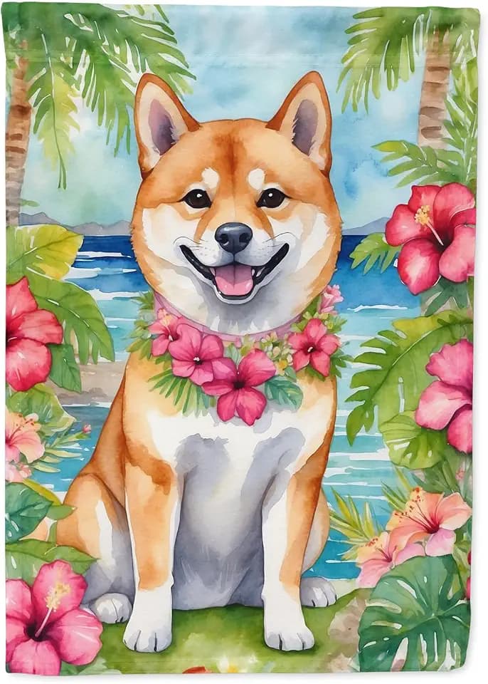 Caroline's Treasures DAC6520GF Shiba Inu Luau Garden Flag Mailbox Flag Decorative Yard Flag Banner Outside Patio Artwork Yard Flower Beds, Garden Size, Multicolor
