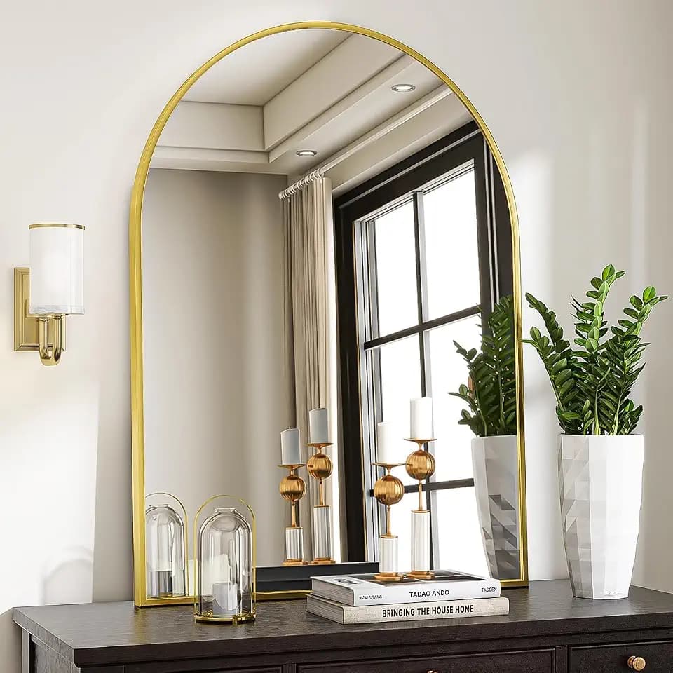 VooBang Arched Wall Mirror, 30 x 38 inch Arch Bathroom Mirror Gold