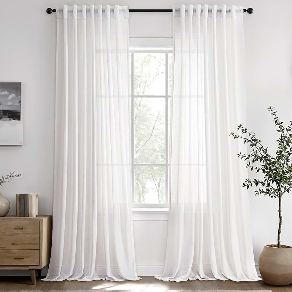 White Semi Sheer Linen Curtains 102 Inch Long 2 Panels for Living Room