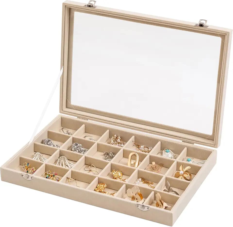 Frebeauty Große Schmuck Organizer Schale mit 24 Fächern und Glasdeckel
