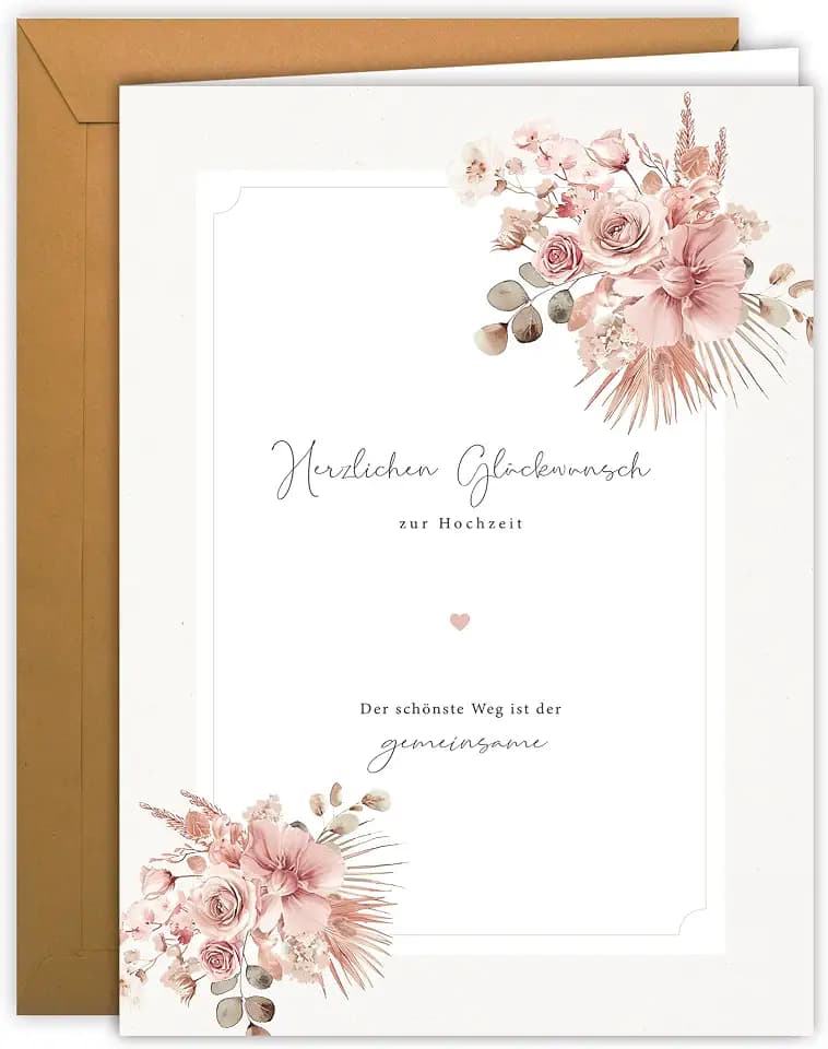 Hochzeitskarte groß mit zartem Blumenmotiv in Hellrosa – Klappkarte A4 mit Kraft-Umschlag – Karte zur Hochzeit, Hochzeitsbillet Einladungskarte - für Polterabend Brautpaar Einladung zum Fest