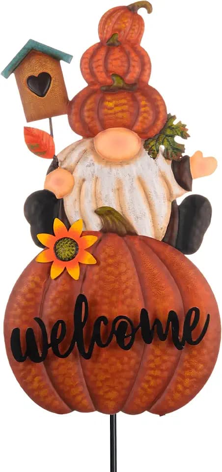 TERESA'S COLLECTIONS Fall Outdoor Decor, Gnomes Decorations for Yard, Metal Pumpkin Fall Garden Decorations, Welcome Signs Stakes, Thanksgiving Orange Autumn Decor for Lawn Patio, 16"
