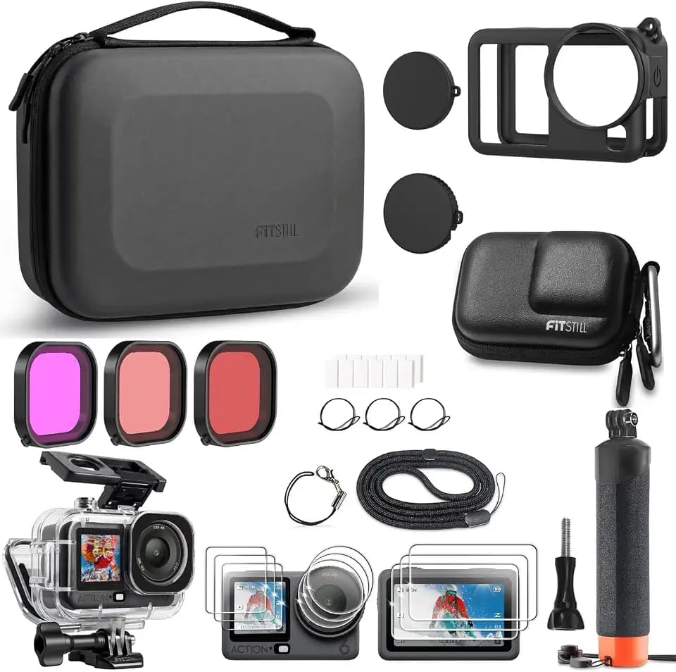 FitStill Accessories Kit for DJI OSMO Action 6 ，60M/196FT Waterproof Housing+Silicone Protective Case+Tempered Glass Screen Protector+Floaty Bobber Grip+ Carrying Case+Filters，Action 6 Accessory