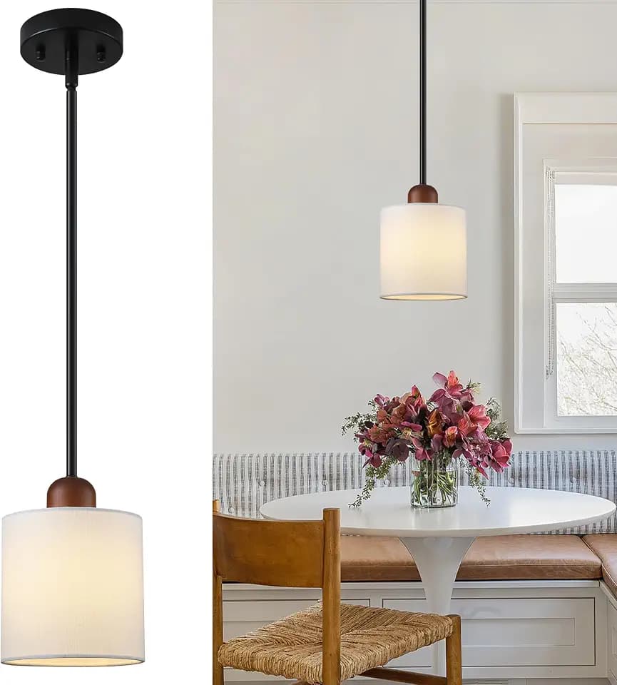 5.9” Drum Pendant Light with White Fabric Shade Modern Hanging Pendant Light Fixture| Adjustable Semi Flush Mount Kitchen Island Dining Room Bedroom Black 1 Pack