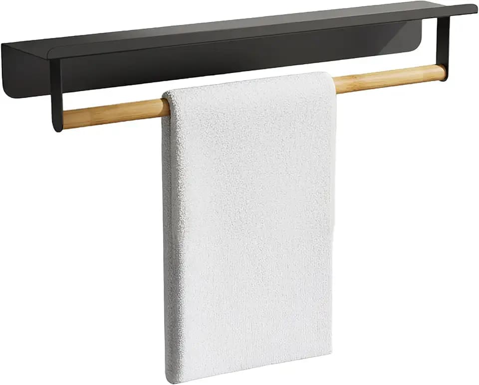 Relaxdays Handtuchhalter Wand, mit Ablage, Handtuchstange HBT: 9x45x8 cm, Bad & Küche, Bambus & Metall, schwarz/Natur