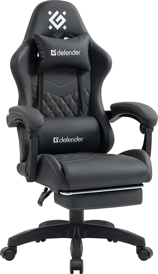 Defender® Gaming Stuhl, Ergonomischer PC Stuhl, bequemer Bürostuhl für Home Office oder Gamer-Sessel, Kopfkissen, Höhenverstellbar, Computerstuhl, PVC-Leder, Schwarz