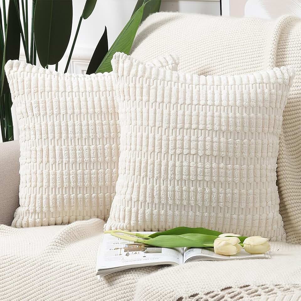 Madizz 2er Set Boho Gestreifte Kissenbezüge Weicher Kordsamt Dekorativer Kissenbezug für Sofa Schlafzimmer Kissenhülle Beige 65 x 65 cm