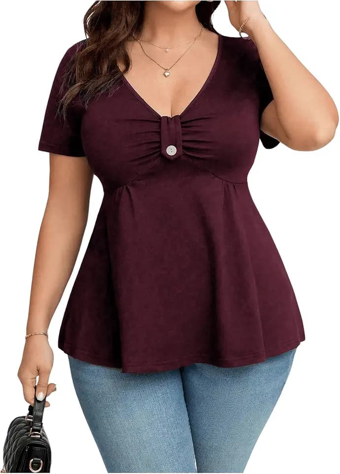 SOLY HUX Women's Plus Size V Neck Peplum Ruched Ruffle Peplum T Shirts