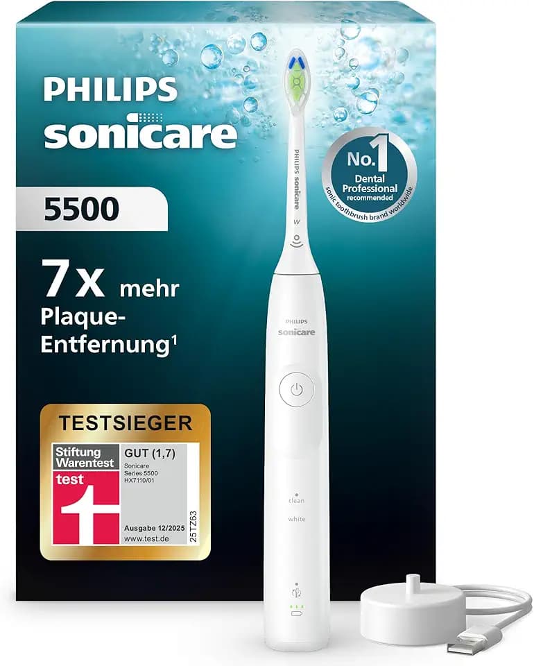 Philips Sonicare 5500 elektrische Zahnbürste, Schallzahnbürste mit 1 Intensitätsstufe, Andruckkontrolle, EasyStart, SmarTimer und BrushPacer, Weiß, Modell HX7110/01 [Neue Technologie]