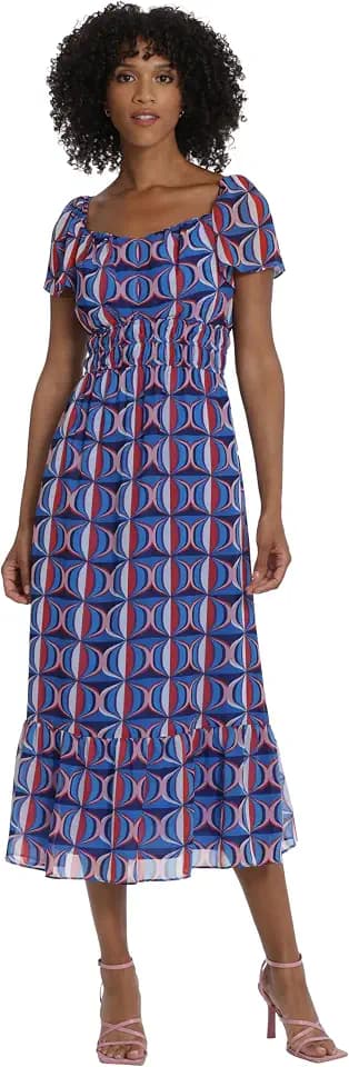 Maggy London Women's Smocked Waist Peasant Midi Dress Casual Date Night Out Guest of