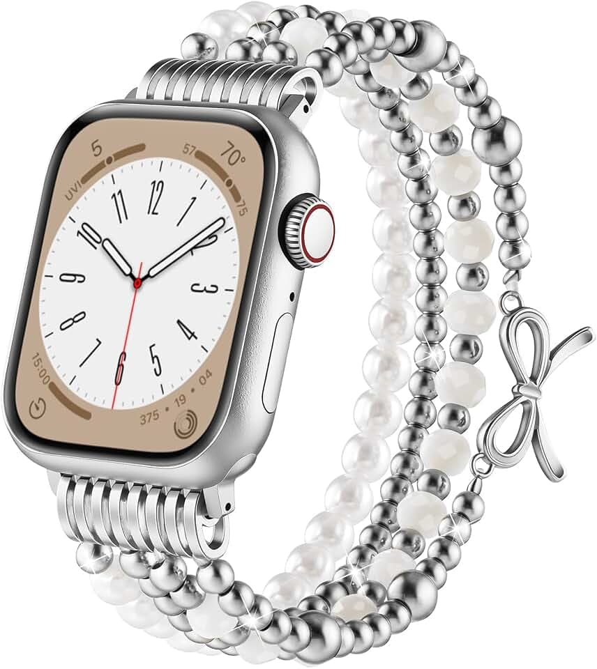 AIRSPO Gold Beaded Bracelets Compatible for Apple Watch Band 38mm 40mm 41mm 42mm Women, Fashion Handmade Dressy iPhone Watch Bands Stainless Steel Beads Elastic Strap for iWatch Series 11 10 9 SE 8 7 6 5 4 3 2 1 Ribbon knot-Silver
