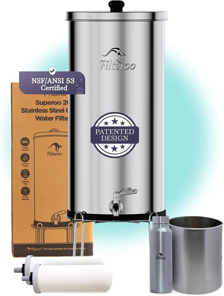 Countertop Gravity Water Filter System - 4.23 Gal/16L | 304 Stainless Steel | Gravity-Fed Water Purifier with 2 Fluoride & Chlorine Reduction Ceramic Cartridges | Also Removes Bacteria & Heavy Metals