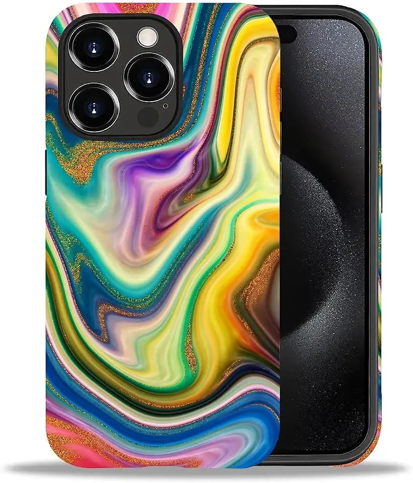 2 in 1 Cute Hülle für iPhone 16 Pro 6.3 Zoll, Stoßfest FallSchutz Handyhülle Bunter flüssiger Marmor Sturzschutz Case