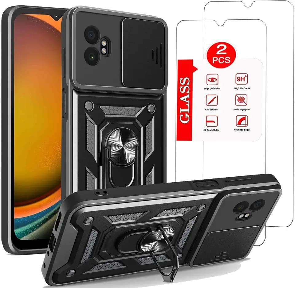 for Samsung Galaxy xcover7 pro Case with [2 Pack] Tempered Glass Screen Protector, for Galaxy Xcover 7 pro Heavy Duty Armor [Military-Grade] Protective, Lens Protects Magnetic Kickstand Case Black