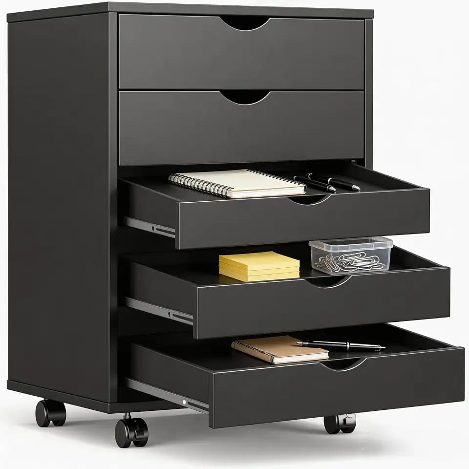 Simple Deluxe 5 Drawer Chest Mobile Storage Cabinets Small Wooden Dresser with Wheels Room Organization Furniture for Office Home, Black Wood