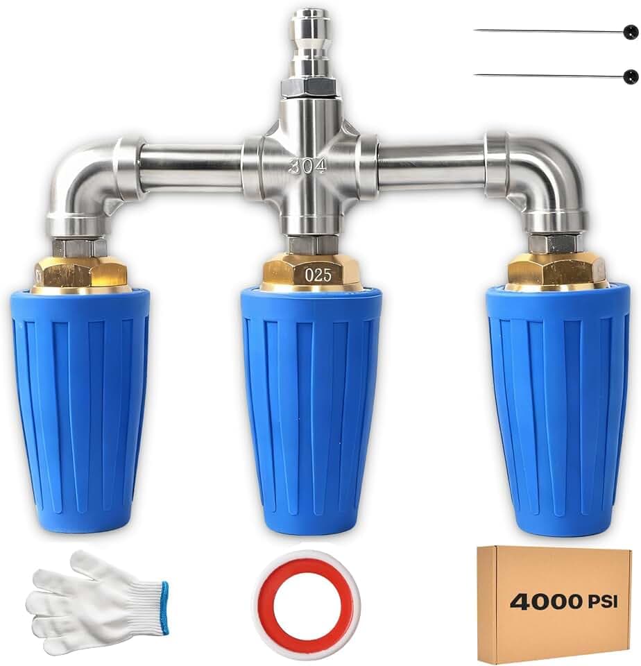 Triple Turbo Nozzle Pressure Washer, Triple Pressure Washer Nozzle, 360° Rotating 4000 PSI Turbo Nozzle with 1/4" Quick Connector 2.0 Orifice, 304 Stainless Steel for Driveway/Deck Clean(Blue)