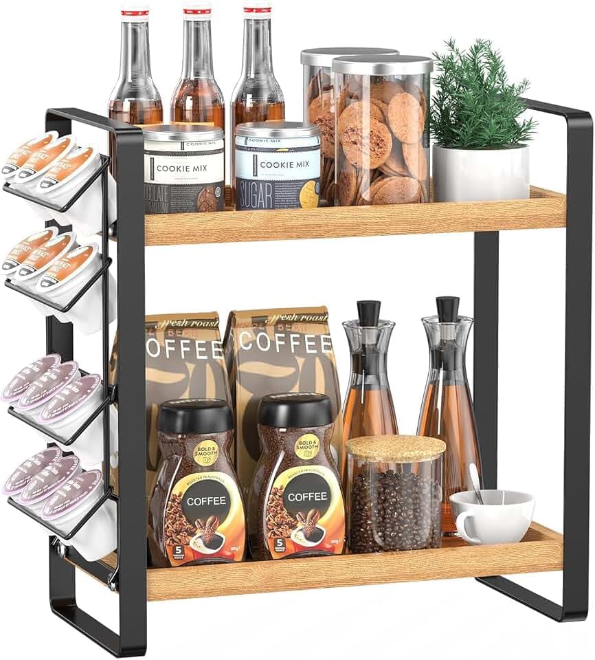 LEMIKKLE Coffee Station Organizer for Counter,Condiment Storage Caddy for Kitchen,2 Tier Wooden Shelf for Coffee Bar Accessories,Coffee Bar Organizer for Kitchen, Home, Office-Brown