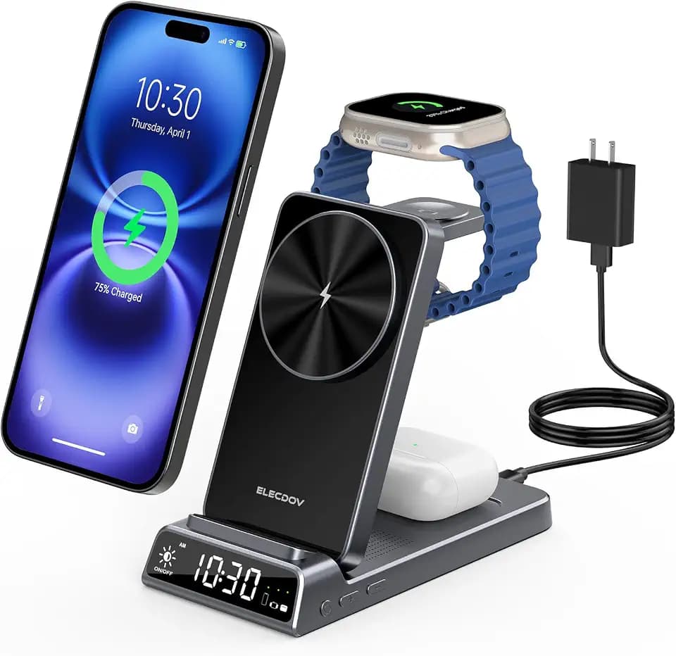 3 in 1 Charging Station for Apple, Travel Wireless Charger with Clock