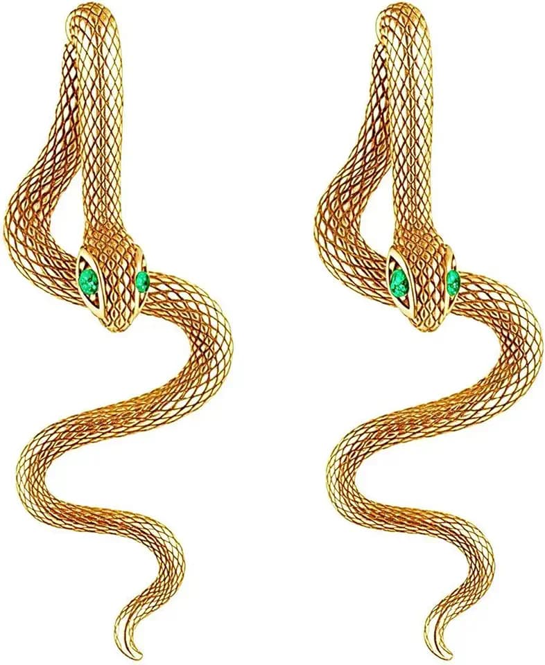Gold Silver Mesh Front Back Snake Earrings Green Eye Serpent Ear Stud Long Drop Curved Snake Earrings Gold Plated Statement Animal Shaped Jewelry for Women