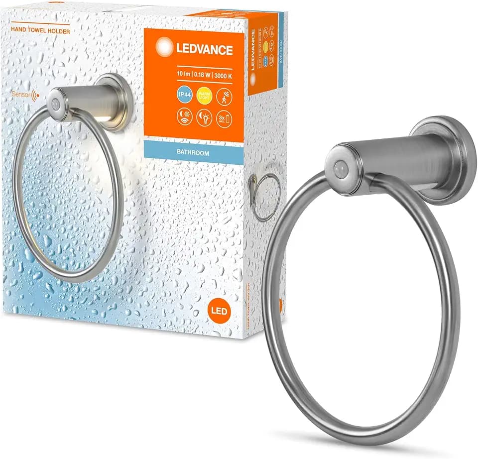 LEDVANCE BATHROOM Handtuchhalter inkl. Nachtlicht, 0,18W, 10lm, warmweißes Licht mit 3000K, Batterie inklusive, Tageslicht- und Bewegungssensor, lange Lebensdauer, Schutzklasse IP44, energiesparend