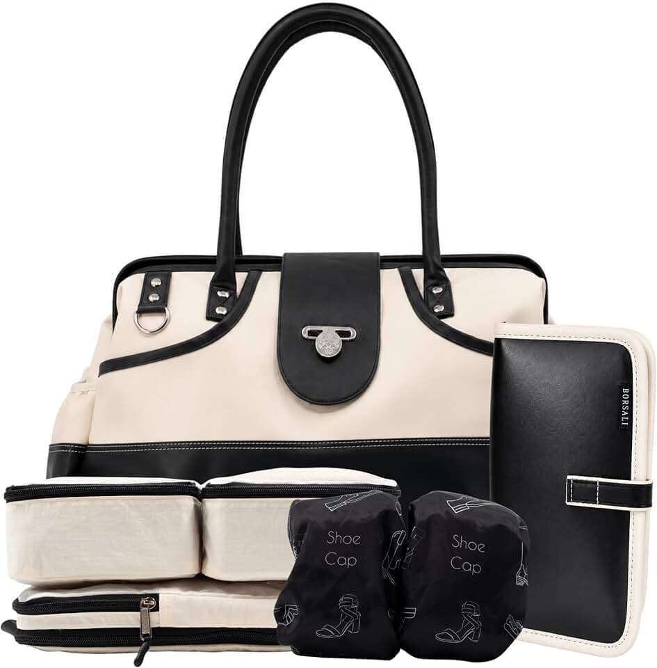 BORSALI Duffel Bag for Women, Vegan Leather Travel Set, RFID Wallet, Cream