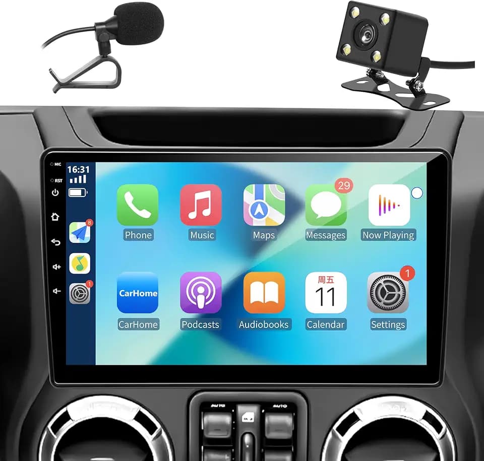 Car Radio Compatible with Jeep Wrangler JK, Car Stereo Support Wireless Carplay & Android Auto with FM/RDS/EQ/SWC/WiFi/Mirror Link/Backup Camera