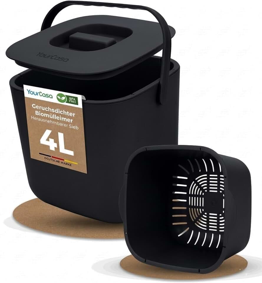 YourCasa Biomülleimer Küche 4L - Komposteimer mit herausnehmbarem Sieb & Deckel - geruchsdicht, spülmaschinenfest & ohne Biomülltüten - Bio Mülleimer klein für saubere Küchen (Schwarz)