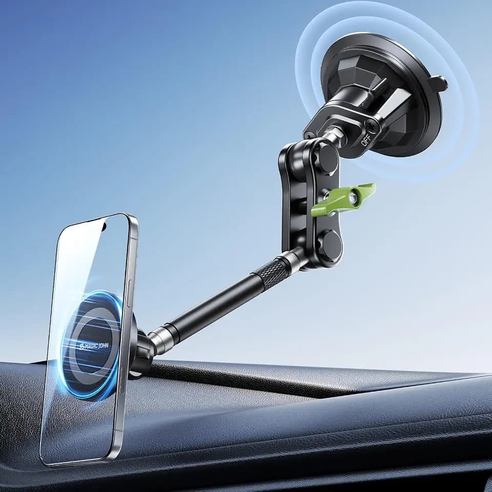 MAGIC JOHN Magnetic Car Phone Holder, Windshield Metal Suction Cup Mount