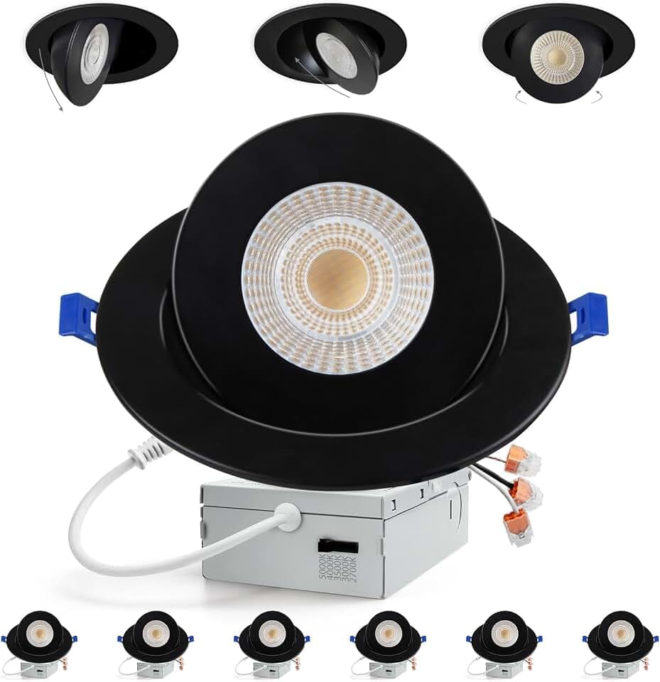 Adetu 6 Pack 6 inch 5CCT Black Led Gimbal Recessed Light, 15W, 1700LM, 120V