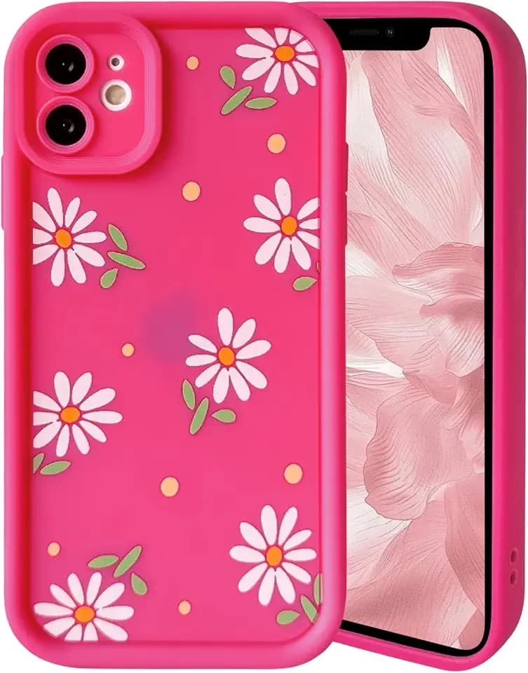 NITITOP Compatible with iPhone 11 Case Silicone Cute Daisy Flower Floral Design for Women Girls Artistic Soft TPU Shockproof Full Camera Protective Girly Phone Cover - Rose Red