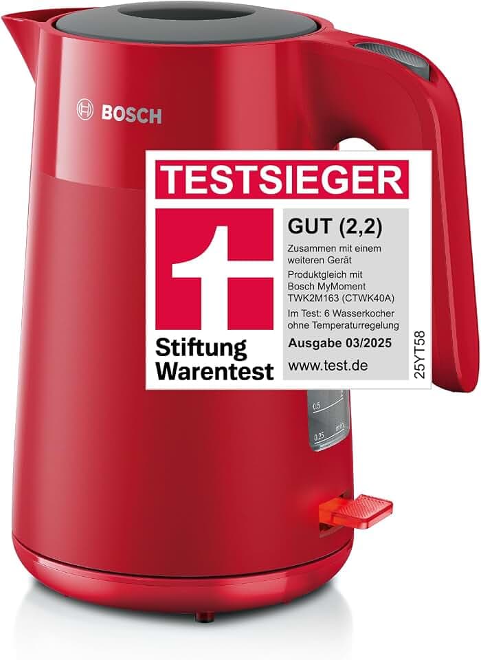 Bosch kabelloser Wasserkocher MyMoment TWK2M164, Abschaltautomatik, Überhitzungsschutz, Tassenanzeige, entnehmbarer Kalkfilter, Trockengehschutz, Dampfstopp-Automatik, 1,7 L, 2400 W, Rot matt