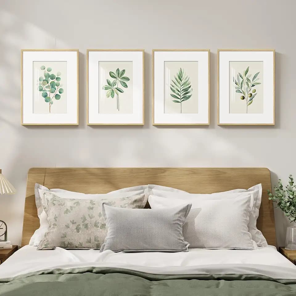 Framed Minimalist Sage Green Botanical Bedroom Wall art, 4 Piece 12x16 In