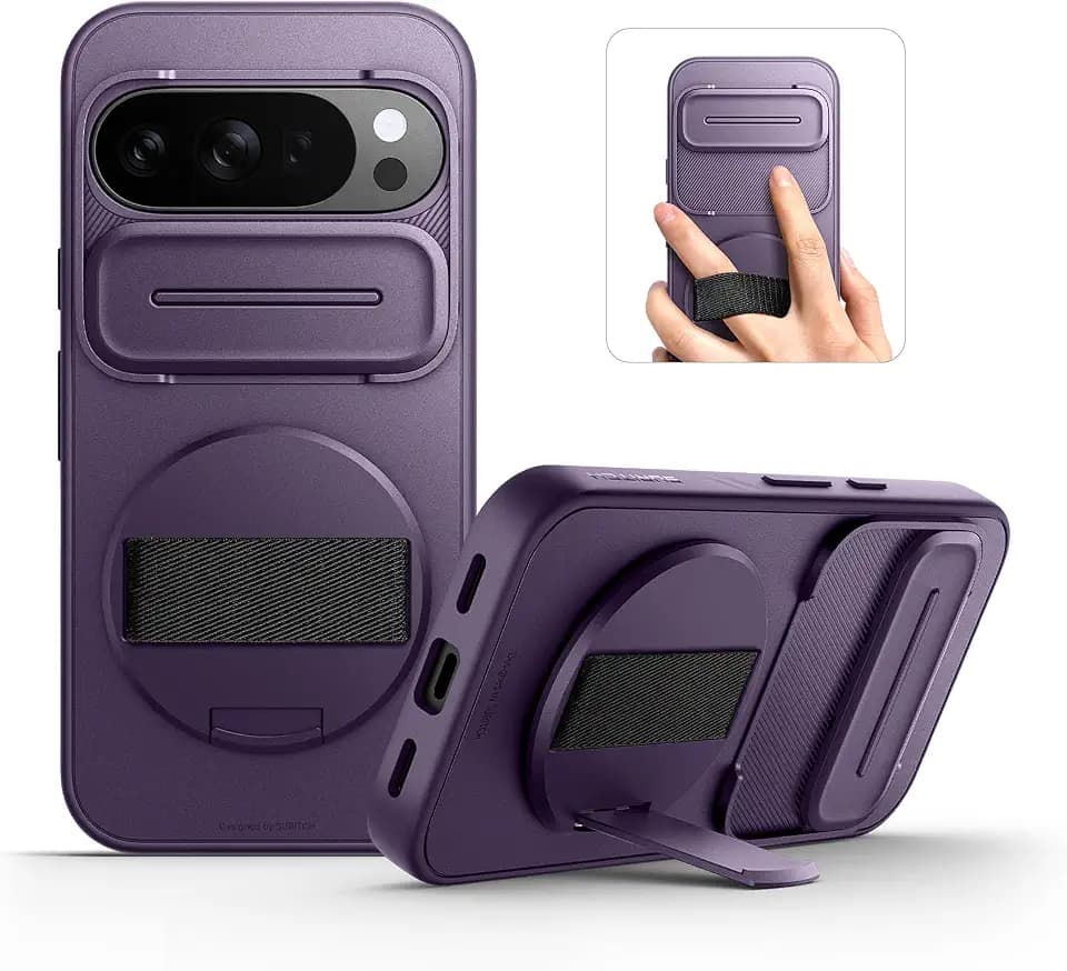 SURITCH for Google Pixel 10 Pro XL Case with 360° Rotatable Hand Strap Phone Grip Holder & Invisible Kickstand & Slide Camera Cover, Protective Cover for Pixel 10 Pro XL -Dark Purple