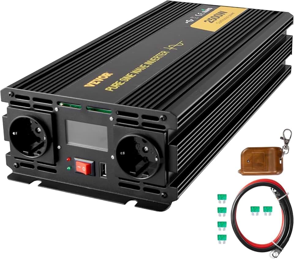 VEVOR 230V Spannungswandler Wechselrichter, 2500W Reiner Sinuswellen Wechselrichter, GYS-2500W 12V DC Pure Sine Wave Power, Reiner Sinus-Wechselrichter Fernbedienung mit Kabel LCD Bildschirm