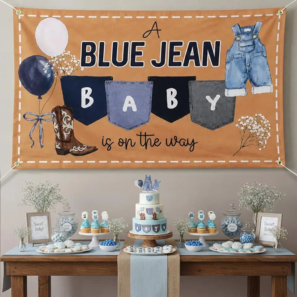 Fanfanwin Blue Jean Baby Shower Decorations, 71" x 43" Denim Backdrop