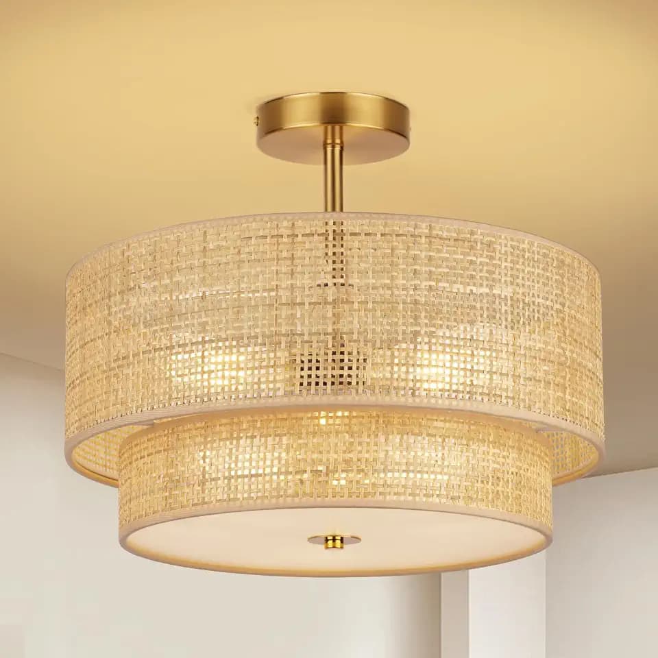 16'' Semi Flush Mount Ceiling Light Fixture, Boho Rattan Ceiling Light with 2-Tier Drum Shade, 3-Light Gold Metal Frame, Farmhouse Chandelier, Bedroom Living Room Nursery