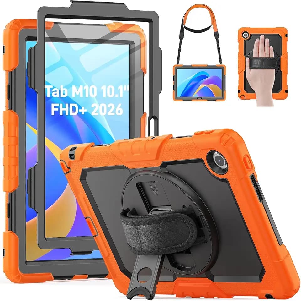 HXCASEAC for Lenovo Tab 10.1 Case (TB311FU / TB311XU) 2025 2026 with Screen Protector/Pen Holder/Rotating Hand Strap/Stand, Protective Lenovo Tab M10 10.1'' FHD+ (1920x1200) Tablet Case Kids, Orange