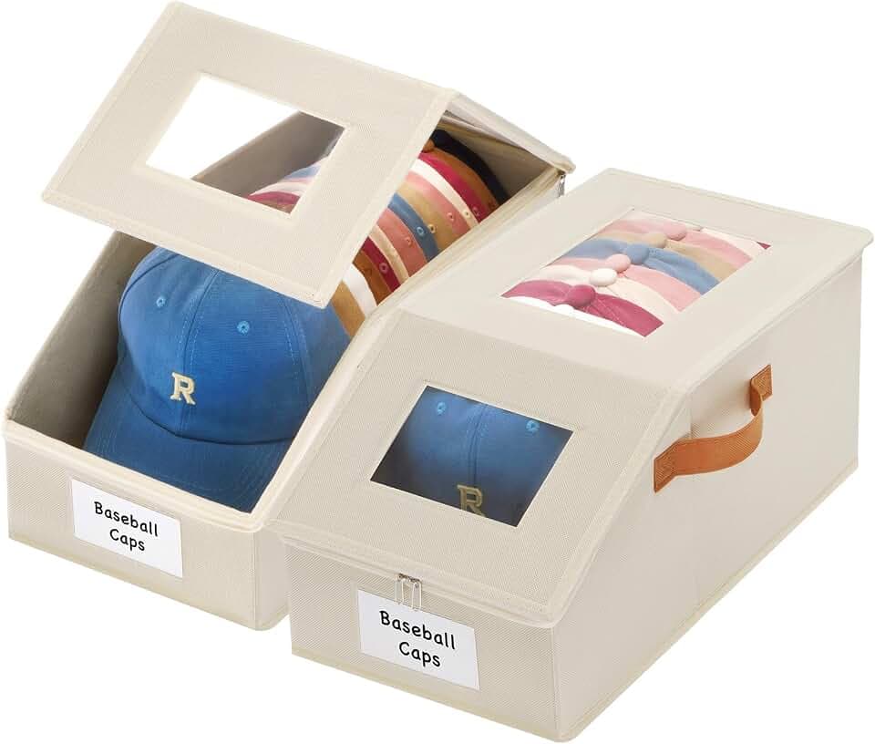 2 Pcs Extra Large Hat Organizer & Storage Box for Baseball Cap with Dual Clear Windows Dust-Proof Double Zipper, Stackable Design & Sturdy Handles for Closet, Beige