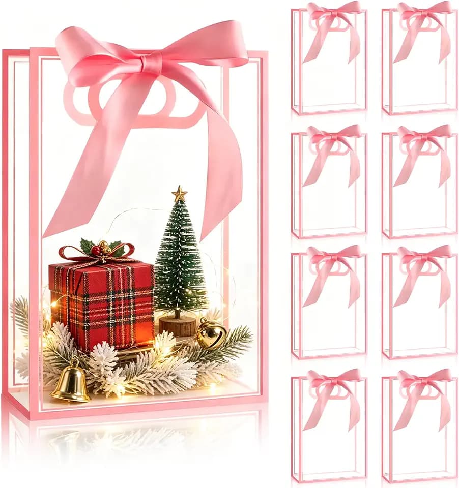 Zeivvnef 8 Pack Clear Gift Bags with Handles 10.2x7x3.15 Inches, Plastic Favor Bags with Ribbons, Reusable Party Gift Bags for Father's day Day Birthday Christmas Wedding (Pink)