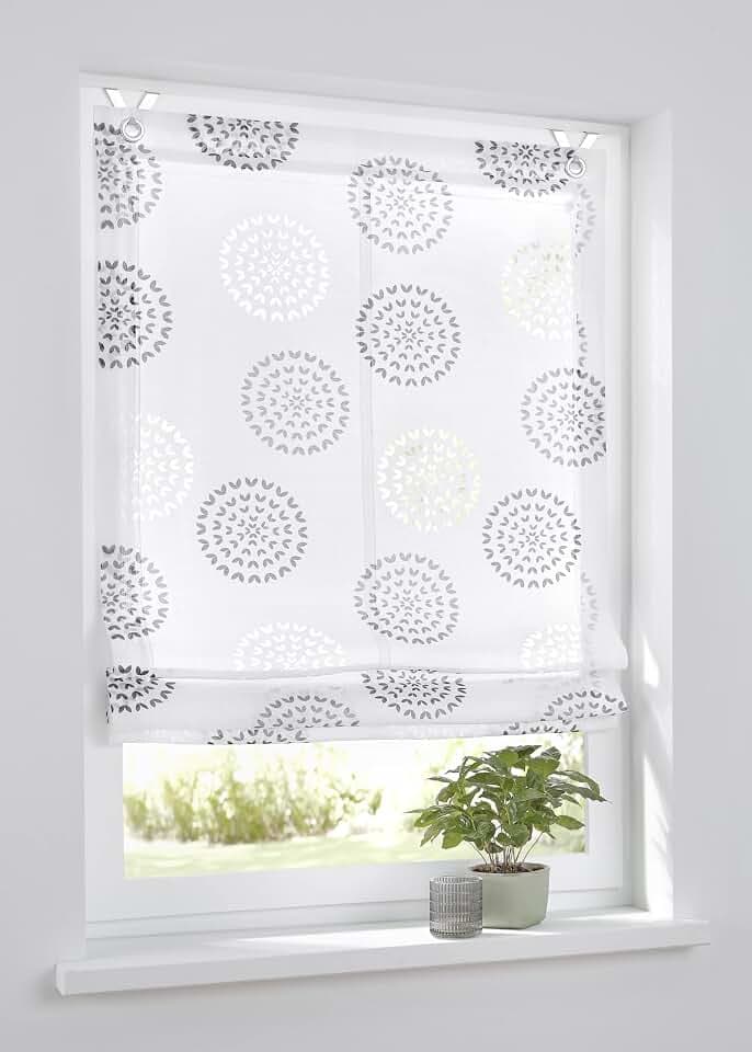 Kutti Raffrollo Ösenrollo Bella Ausbrenner Weiss anthrazit Bedruckt Kreis Motiv, incl. Fensterhaken (45 x 140 cm)