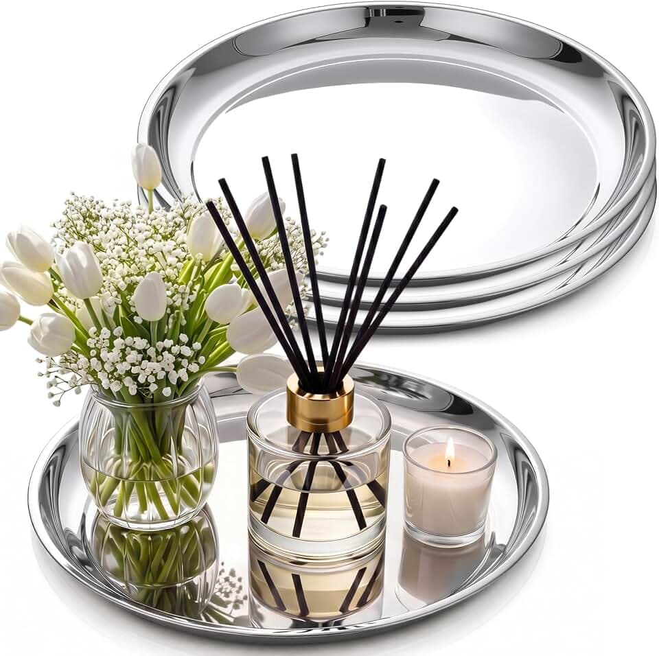 4 Pack Round Silver Mirror Decorative Trays 16" Diameter Stainless Steel