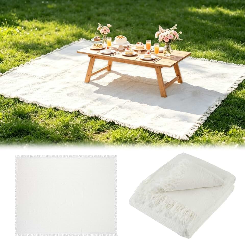 YEXEXINM Extra Large Outdoor Picnic Blanket 91" x 71" Oversize Woven Cotton Yarn Beach Blanket with Fringe, Machine Washable Portable Blanket for Camping, Beach, Park, Fits 4 to 8 Adults (White)