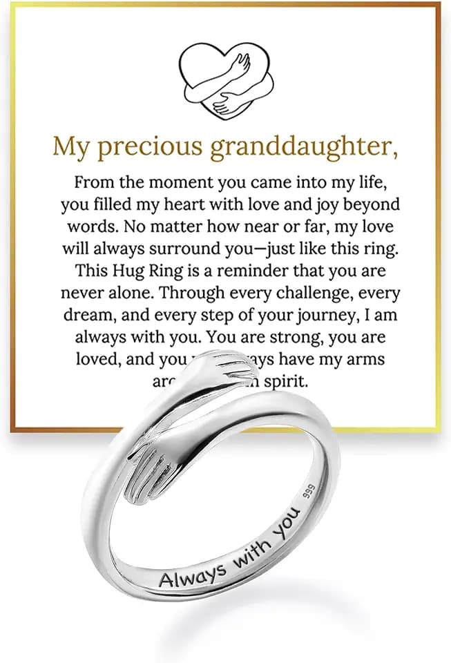 Granddaughter Hug Ring by Hope Rings – Inspirational 999 Pure Silver & 304 Stainless Steel Jewelry with “Always With You” Message – Adjustable Ring for Women – Tarnish Free Jewelry Gift for Her – Birthday Gift for Her