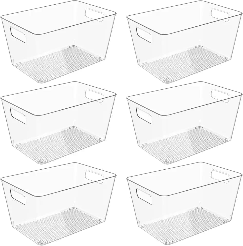 6 Pack Clear Plastic Storage Bins, 11" Large Pantry Organizer Bins with Handles, Plastic Containers for Refrigerator,BPA-Free Perfect for Kitchen,Fridge,Cabinet,Pantry,Bathroom,Closet Organization