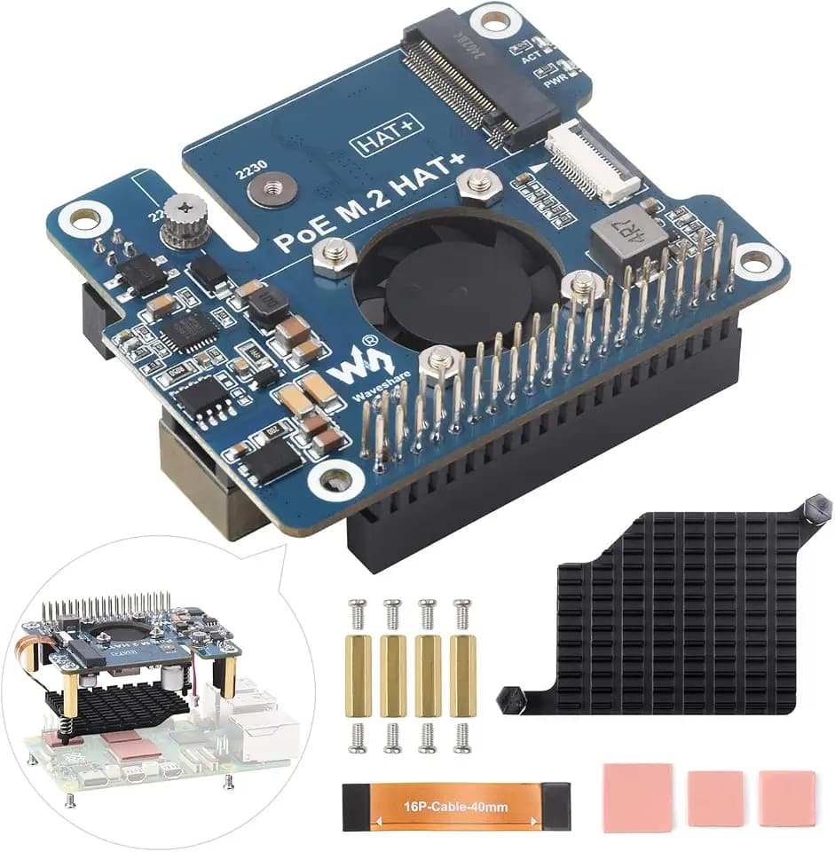 waveshare NVME PCIe to M.2 Adapter with PoE Function for RPI, Compatible with Raspberry Pi 5, Supports NVMe Protocol M.2 Solid State Drive 2230/2242, Supports 802.3af/at, with Cooling Fan