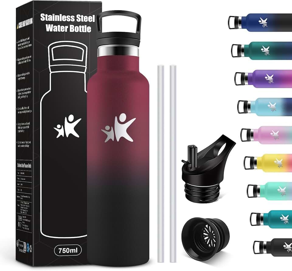 KollyKolla Trinkflasche 750ml, Thermosflasche mit Strohhalm, Isolierflasche BPA-Frei Auslaufsicher, Vakuum Thermosflasche, Wassflasche für Sport, Erwachsener, Kinder, Schule, Sprudel, Camping